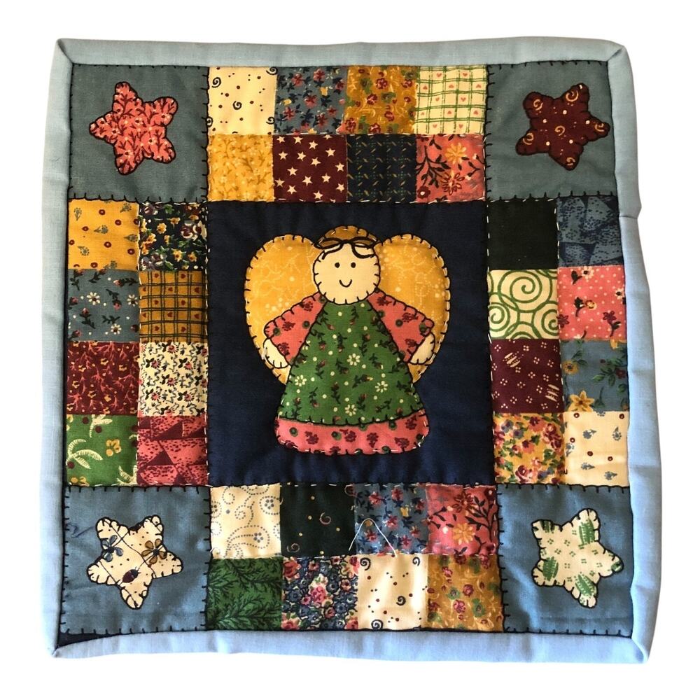 Handmade Folk Art Angel Mini Quilt Patchwork Square Primitive Cottage Decor